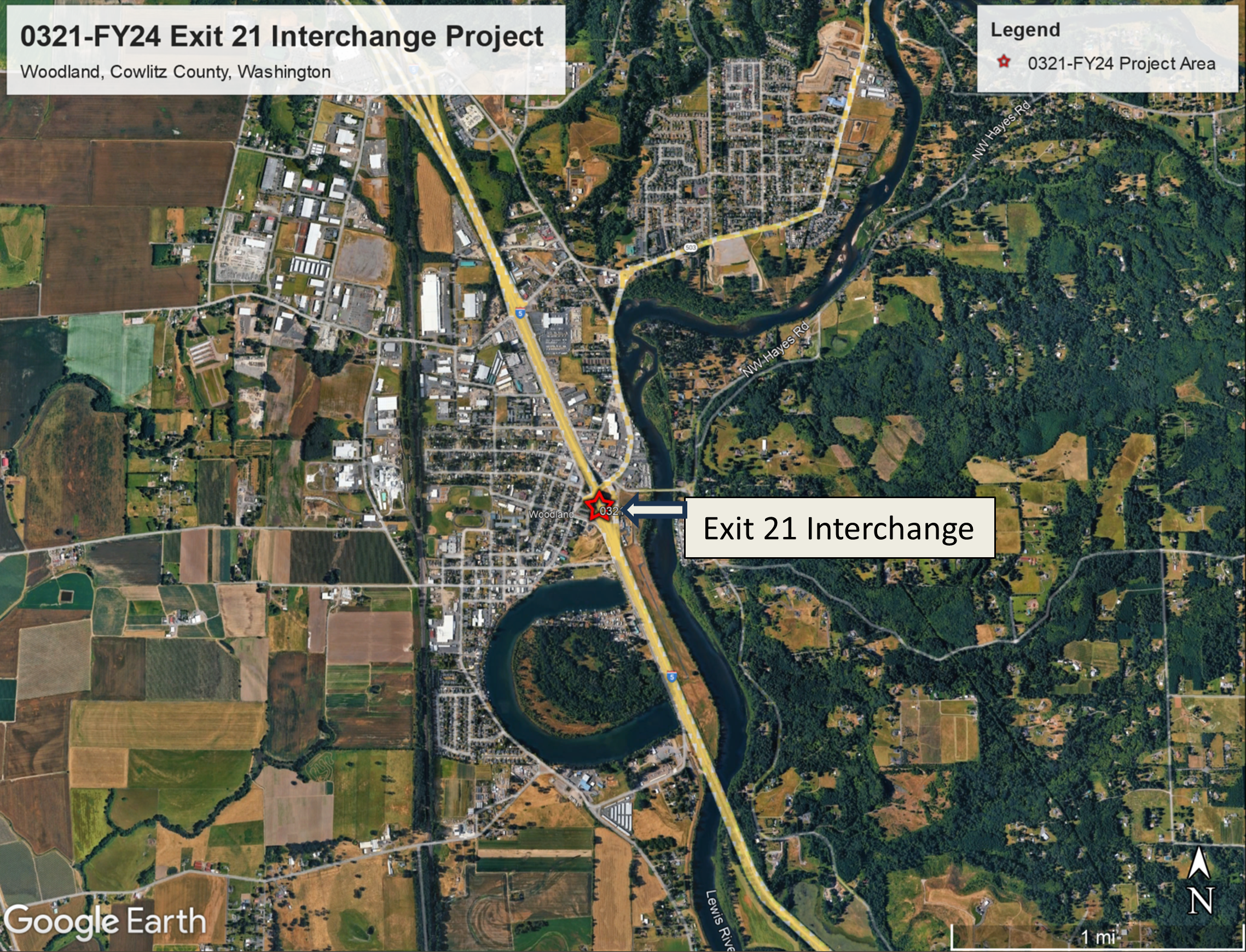 Overview map showing the I-5 Exit 21 Interchange project location in relationship to the City of Woodland, Washington Overview map showing the I-5 Exit 21 Interchange project location in relationship to the City of Woodland, Washington